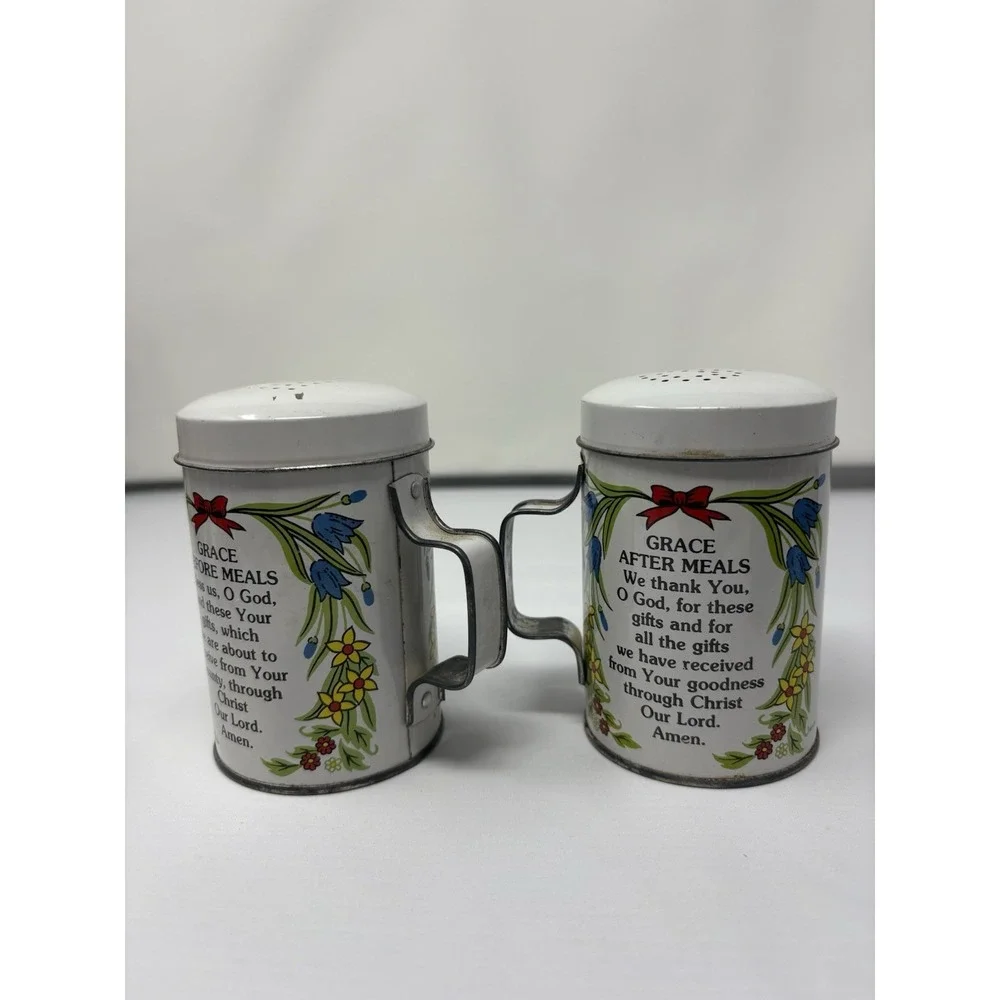 Vintage Tin Salt & Pepper Shakers Grace Before & After Meal Prayers 1950 MCM
